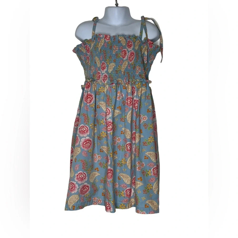 Room Seven girls blue smocked floral dress tie shoulder sz 6 116